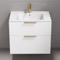 Wall Mounted Bathroom Vanity, Modern, Glossy White, 28 Inch, Gold Handles